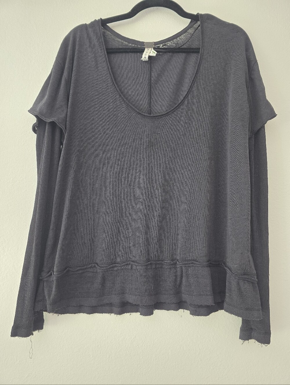 We The Free Black Raw-Edge Scoop Neck Long Sleeve Top